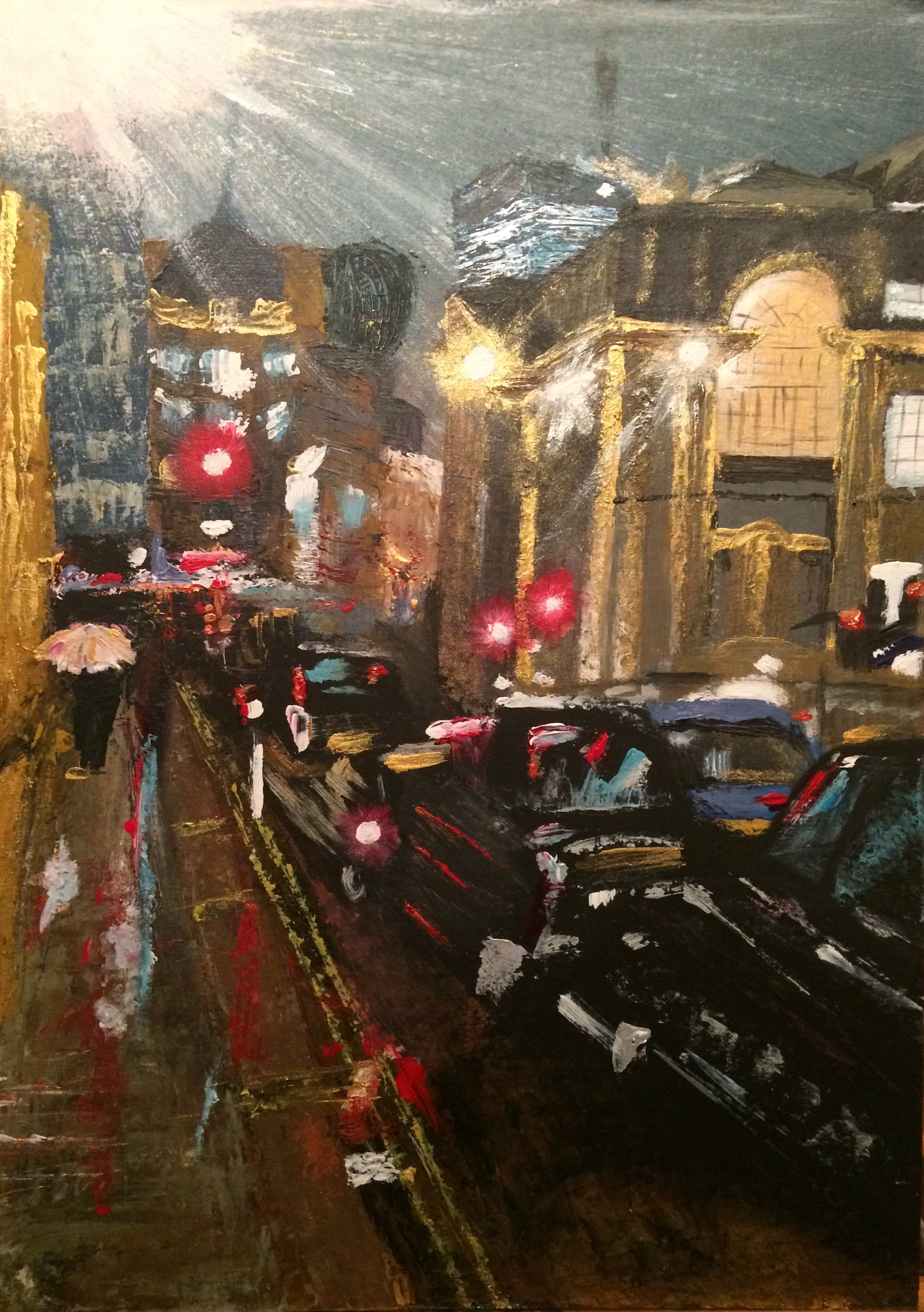 A loose painting of the Bank Junction, London from London. Depicting a raining weekday evening. Rushour. The streets blocked by Black Cabs striking against a certain app-based taxi service…